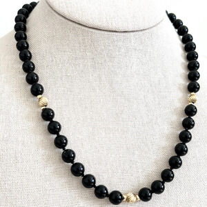 Vintage 14K Yellow Gold Bead Ball & Black Onyx Hand Knotted Beaded Necklace 18"